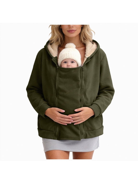 Maternity Baby Wearing Jacket, Women's 2-in-1 Winter Coat with Pocket, Heavyweight Fleece Zip Up Front,Size XL