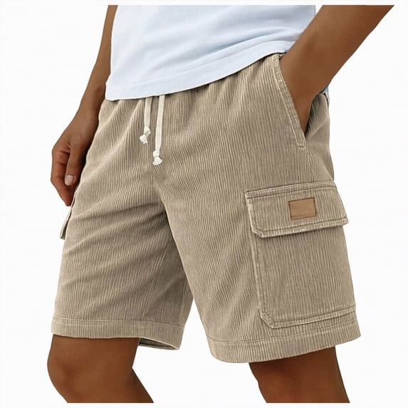 KPOPLK Men's Casual Shorts with Zipper Pockets Elastic Waistband with Drawstring Cargo Stretch Short Size L,Khaki