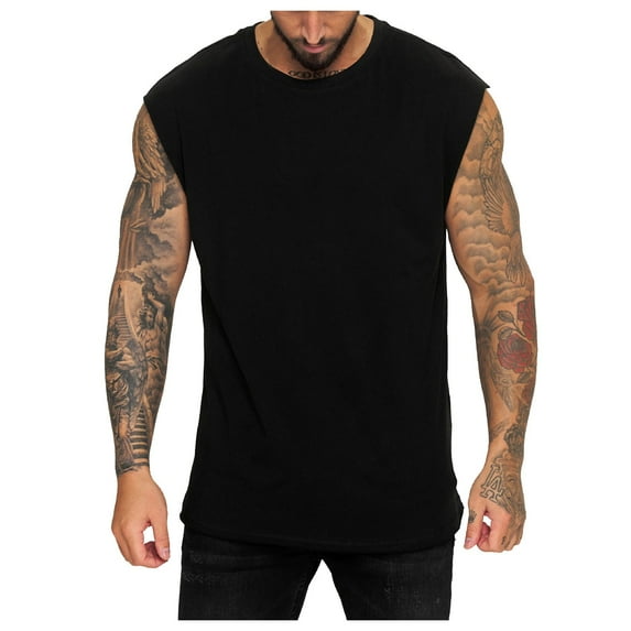 KPOPLK Men's Sports Loose Sleeveless Solid Color Fitness Sweat Running Basketball Vest S Black