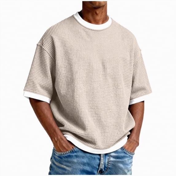 KPOPLK Mens Cropped T Shirt Boxy Short Sleeve Big and Tall Shirts Fashion Loose Fit Drop Shoulder Top Midweight Crewneck Basic Tee(Khaki,XXXXL)
