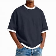 KPOPLK Mens Cropped T Shirt Boxy Short Sleeve Big and Tall Shirts Fashion Loose Fit Drop Shoulder Top Midweight Crewneck Basic TeeNavy,M