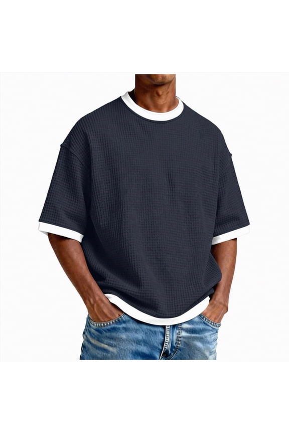 KPOPLK Mens Cropped T Shirt Boxy Short Sleeve Big and Tall Shirts Fashion Loose Fit Drop Shoulder Top Midweight Crewneck Basic Tee(Navy,M)