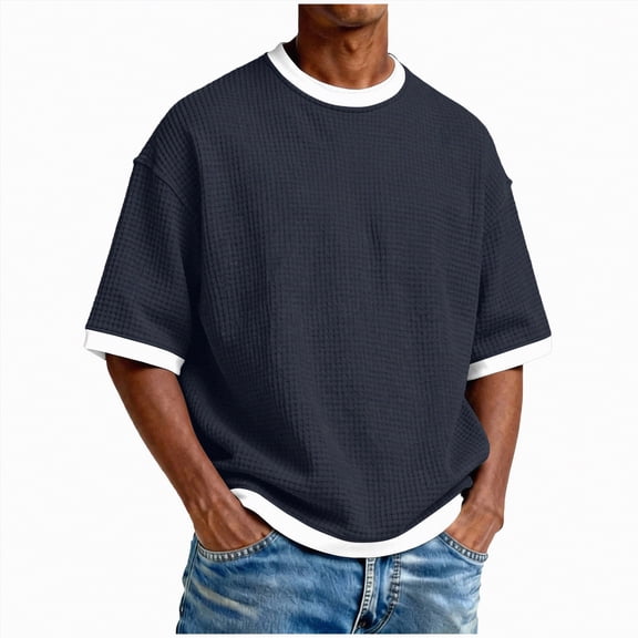 KPOPLK Mens Cropped T Shirt Boxy Short Sleeve Big and Tall Shirts Fashion Loose Fit Drop Shoulder Top Midweight Crewneck Basic Tee(Navy,S)
