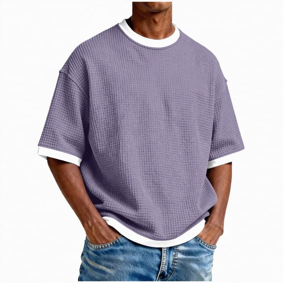 KPOPLK Mens Cropped T Shirt Boxy Short Sleeve Big and Tall Shirts Fashion Loose Fit Drop Shoulder Top Midweight Crewneck Basic Tee(Purple,S)