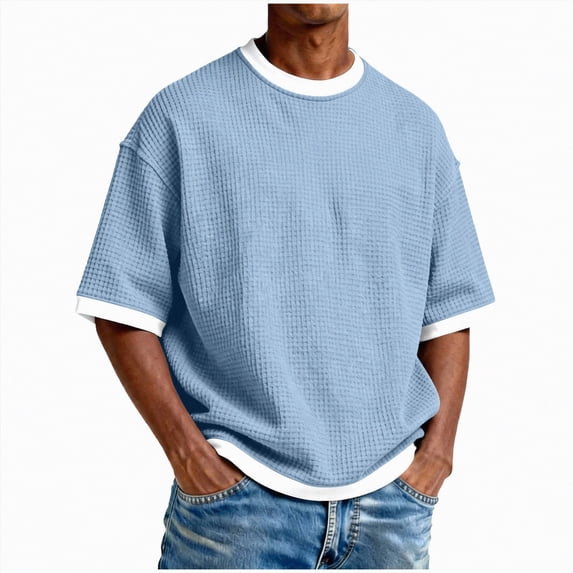 KPOPLK Mens Cropped T Shirt Boxy Short Sleeve Big and Tall Shirts Fashion Loose Fit Drop Shoulder Top Midweight Crewneck Basic Tee(Sky Blue,XXL)