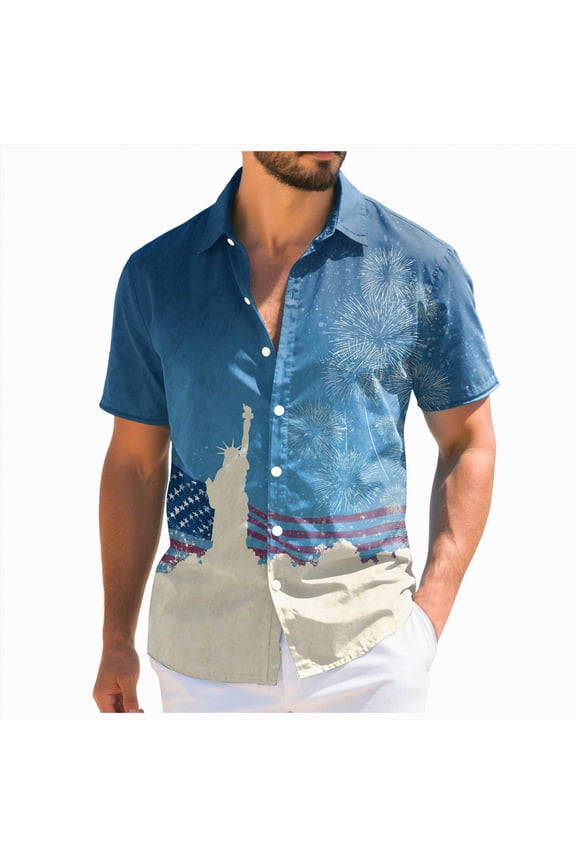 Mens Patriotic 4th of July Shirts Vintage Short Sleeve American Flag Print Hawaiian Bowling Casual Button Down Shirt Size XXXXXXL,Blue