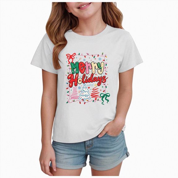 KPOPLK Merry Christmas Shirts for Girls Xmas Tree Graphic Tshirts Cotton Short Sleeve Tee 1-13 Years(White,13-14 Years)