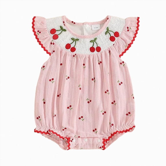 KPOPLK Newborn Baby Girl Clothes 0 3 6 9 12 18 Months Striped Puff Short Sleeve Jumpsuit Smocked Bubble Outfit Clothing Red Size 12-18M