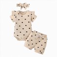thumbnail image 1 of KPOPLK Newborn Baby Girl Clothes Infant 3Pcs Outfits Summer Shorts Set Pattern Ribbed Romper + Elastic Waist Shorts + Bow Headband(6-9 Months,Beige), 1 of 4