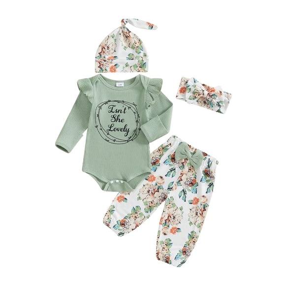 KPOPLK Newborn Baby Girl Clothes Rib Frill Long Sleeve Romper Daisy Flared Pants Headband Set 3pcs Outfits(0-3 Months,Green)