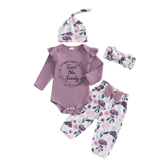 KPOPLK Newborn Baby Girl Clothes Rib Frill Long Sleeve Romper Daisy Flared Pants Headband Set 3pcs Outfits(3-6 Months,Purple)