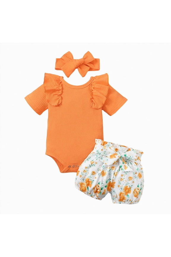 Newborn Baby Girl Clothes Ribbed Ruffle Sleeves Floral Print Romper Shorts Set Headband 3Pcs Summer Coming Home Outfit Size 6-12 Months,Orange
