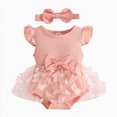thumbnail image 1 of KPOPLK Newborn Baby Girl Clothes Ruffle Short Sleeve Solid Smocked Bubble Romper Jumpsuit Bow Headband Cute Summer Clothes(0-3 Months,Pink), 1 of 6