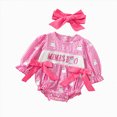 thumbnail image 1 of KPOPLK Newborn Baby Girl Fall Outfit Letter Print Long Sleeve Jumpsuit Bubble Romper Infant Clothing Set with Headband(6-9 Months,Pink), 1 of 9