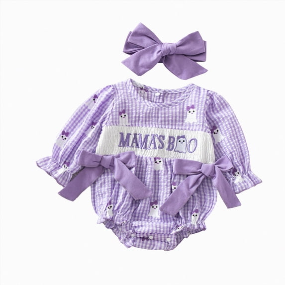 KPOPLK Newborn Baby Girl Fall Outfit Letter Print Long Sleeve Jumpsuit Bubble Romper Infant Clothing Set with Headband(6-9 Months,Purple)