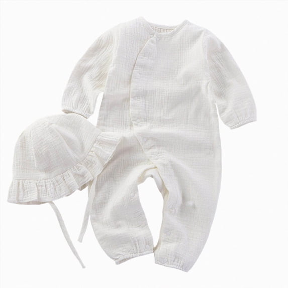 KPOPLK Newborn Baby Girls Smocked Romper Onesie Preemie Long Sleeve Going Home Outfit with Bow Hat(3-6 Months,White)