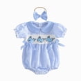 thumbnail image 1 of KPOPLK Newborn Baby Girls Summer Clothes Ruffle Sleeve Pleated Smocked Bubble Romper Dresses Infant Bodysuit & Headband Jumpsuit Outfit(12-18 Months,Blue), 1 of 7