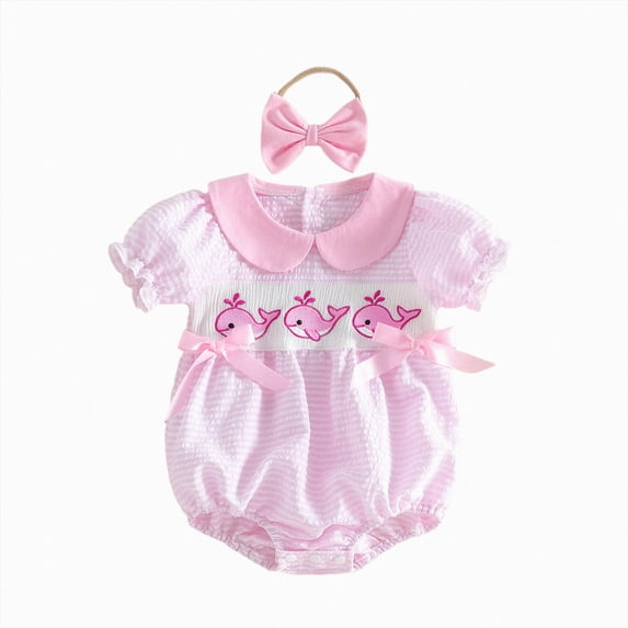 KPOPLK Newborn Baby Girls Summer Clothes Ruffle Sleeve Pleated Smocked Bubble Romper Dresses Infant Bodysuit & Headband Jumpsuit Outfit(6-12 Months,Pink)