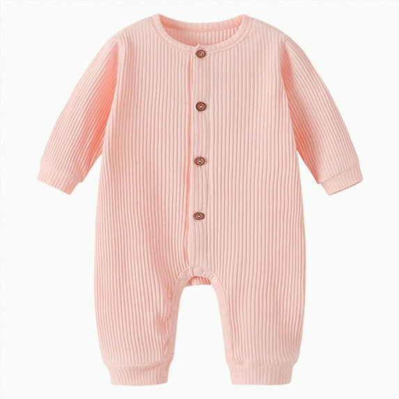 KPOPLK Baby Boy Girl Clothes Solid Color Button Romper Jumpsuit Long Sleeve One-Piece Fall Winter Outfit(Pink,3-6 Months)