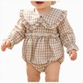 thumbnail image 1 of KPOPLK Newborn Infant Baby Girl Bubble Romper Plaid Puff Long Sleeve Smocked Bodysuit Cute Fall Clothes 3 6 9 12 18 Months Size 0-3 Months,Khaki, 1 of 7