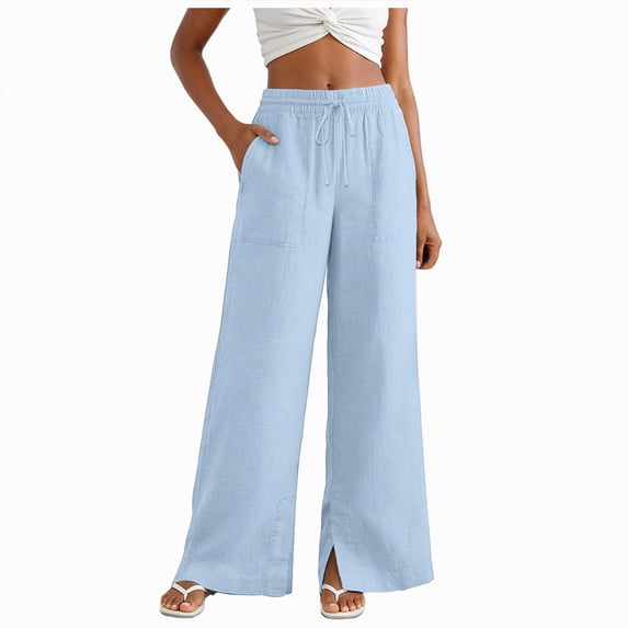 KPOPLK Pants for Women Flowy Casual Drawstring Waist Wide Pant Tall Woman Leg Summer Loose Linen Palazzo Pants with Pocket Size M,Sky Blue