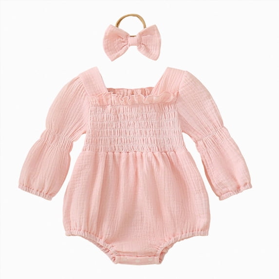 KPOPLK Preemie Newborn Baby Girl Clothes Fall Square Neck Onesies Solid Bubble Romper Infant Winter Outfits Jumpsuit(3-6 Months,Pink)