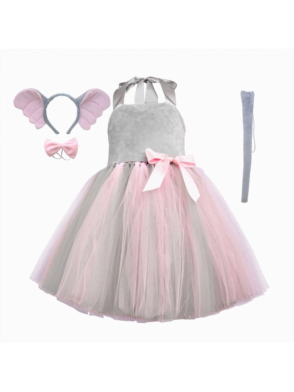 Prinecss Jungle Animal Clothes for Girls Elephant Tutu Birthday Christmas Halloween Dress up Outfits with Headband Tails 2-8Years,Size 2-3Years