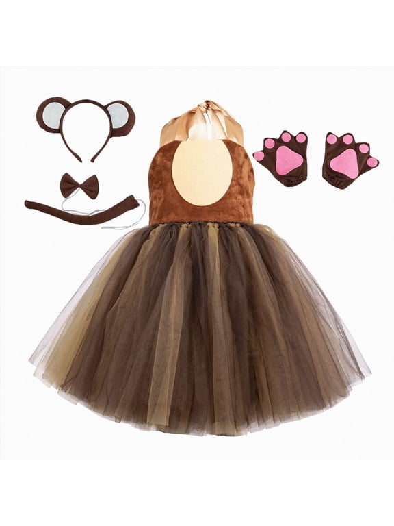 Prinecss Jungle Animal Clothes for Girls Bear Tutu Birthday Christmas Halloween Dress up Outfits with Headband Tails 2-8Years,Size 3-4Years