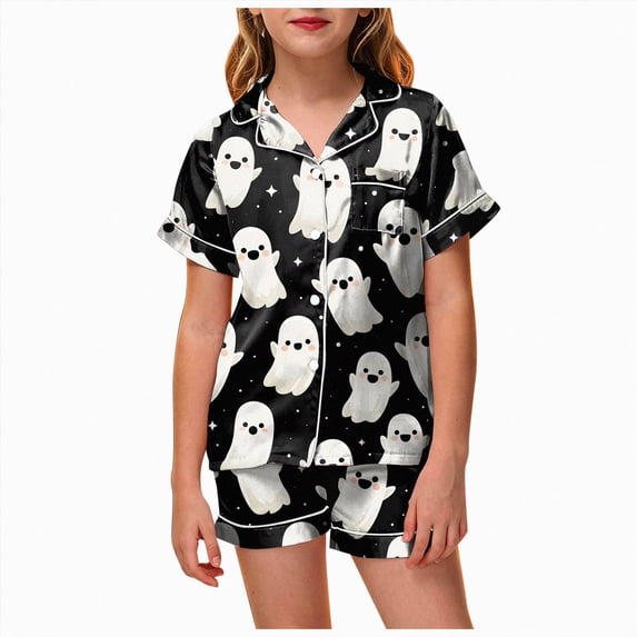 KPOPLK Silk PJs Kids Girls Satin Pajama Set Halloween Pumpkin Print Short Sleeve Button Shirts and Shorts 2 Piece Sleepwear,Size 10-11 Years