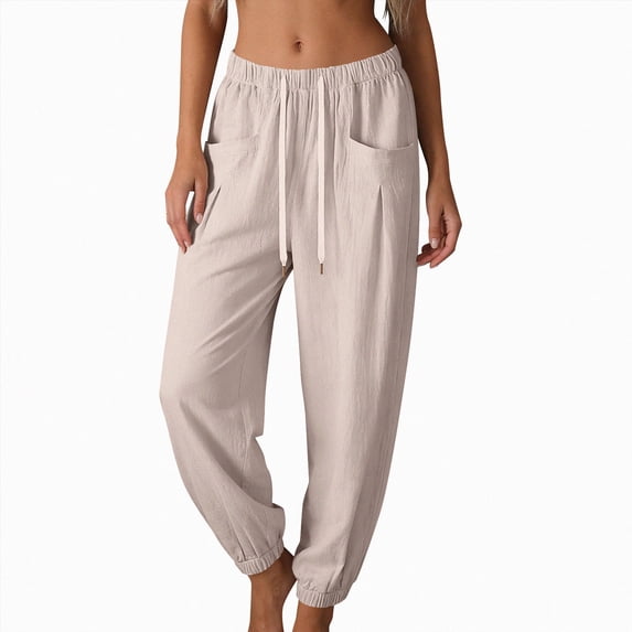 KPOPLK Summer Casual Pants for Women Cotton Linen Straight Leg Slacks Drawstring Solid Lounge Pants Trousers with Pockets Size L,Beige