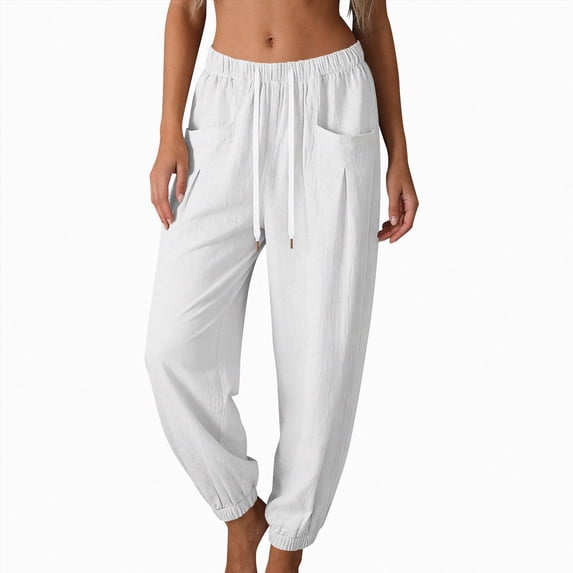 KPOPLK Summer Casual Pants for Women Cotton Linen Straight Leg Slacks Drawstring Solid Lounge Pants Trousers with Pockets Size L,White