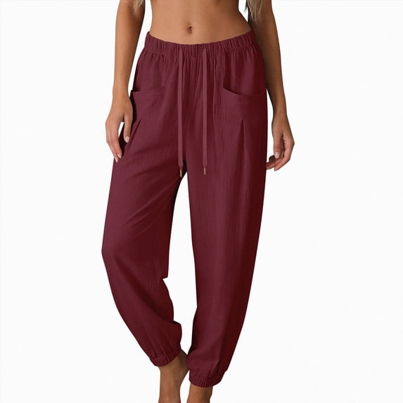 KPOPLK Summer Casual Pants for Women Cotton Linen Straight Leg Slacks Drawstring Solid Lounge Pants Trousers with Pockets Size XL,Brick Red