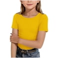 thumbnail image 1 of KPOPLK Summer Girls T Shirts Loose Fit Crewneck Top Solid Color Shirt Short Sleeve Soft Basic Tee 4-10Y Size 9-10 Years,Yellow, 1 of 4