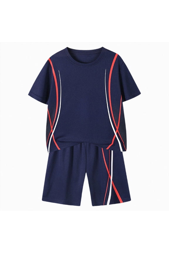 Summer Kids Clothing Sets 2Pcs Solid Color Short Sleeve Tee and Shorts Simple Boys Summer Outfits Size 5-6 Years,Navy