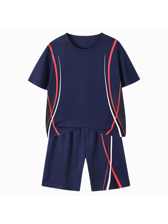 Summer Kids Clothing Sets 2Pcs Solid Color Short Sleeve Tee and Shorts Simple Boys Summer Outfits Size 5-6 Years,Navy