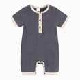 thumbnail image 1 of KPOPLK Summer Newborn Boy Clothes Pajama Button Down Short Sleeve Ribbed Romper Collared Bodysuit One-Piece PJM Size 0-3 Months,Grey, 1 of 9