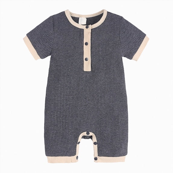 KPOPLK Summer Newborn Boy Clothes Pajama Button Down Short Sleeve Ribbed Romper Collared Bodysuit One-Piece PJM Size 0-3 Months,Grey