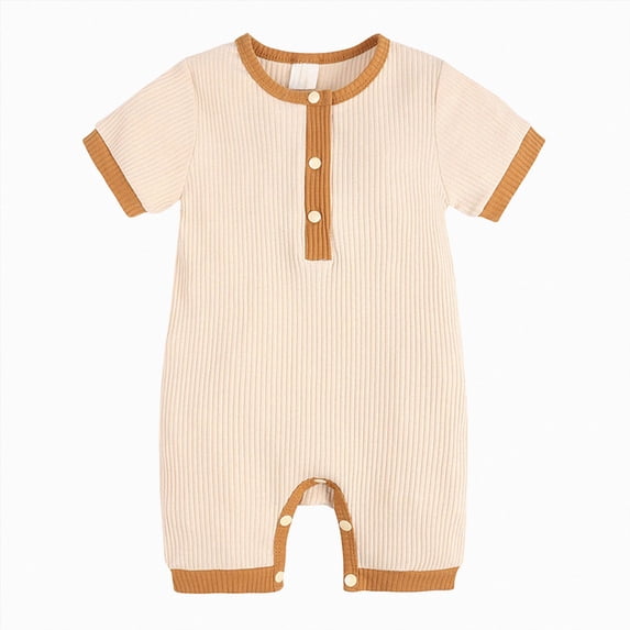 KPOPLK Summer Newborn Boy Clothes Pajama Button Down Short Sleeve Ribbed Romper Collared Bodysuit One-Piece PJM Size 3-6 Months,Beige