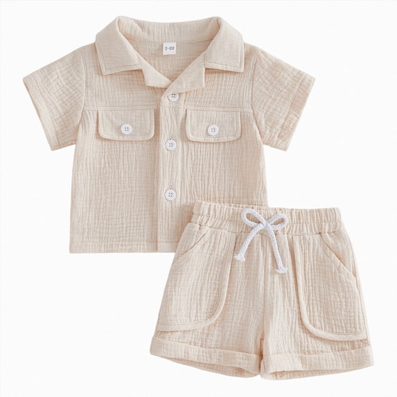 KPOPLK Summer Toddler Baby Boy Outfit Clothing Short Sleeve Cute Print Button Up Shirt Solid Shorts 2Pcs Clothes Set(18-24 Months,Beige)