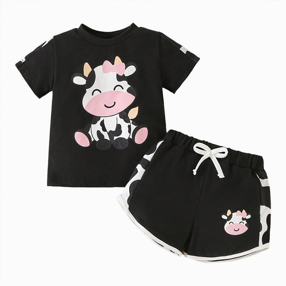 KPOPLK Summer Toddler Baby Girl Clothes Infant Outfit Letter Print Short Sleeve T Shirt Tops and Jogger Shorts Set Size 18-24 Months,Black