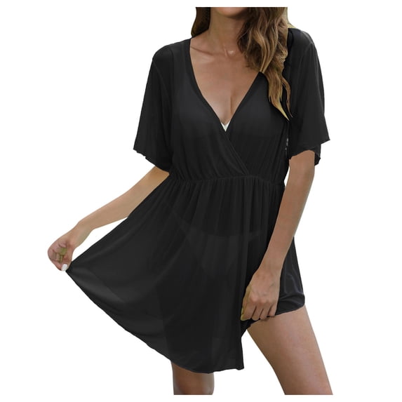 KPOPLK Swimsuit Coverups for Women Lace Beach Cover Up Bathing Suit Swim Dress(Black,One Size)