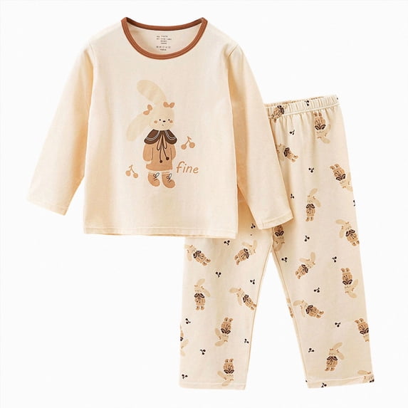 KPOPLK Teen Girls Pjs Set Two Piece Pajamas Kids Fall Winter Long Sleeve T-Shirt Top and Pant Pajamas Loungewear(7-8 Years,Khaki)