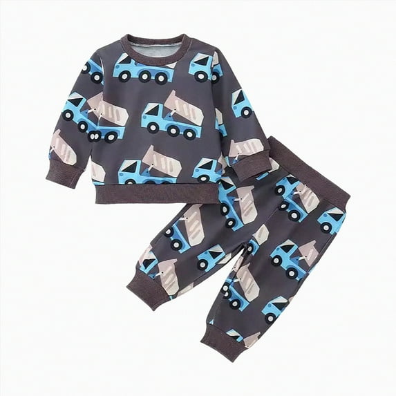 KPOPLK Toddler Baby Boy Fall Outfits Truck Print Long Sleeve Crew Neck Sweatshirt Long Pants 2Pcs Clothes(Z14-Grey&3,6-12 Months)