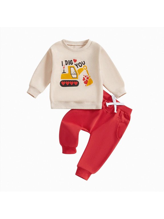Toddler Baby Boy Fall Winter Outfits Cute Print T-Shirt Top Pants Boys Casual 2 Piece Set for Everyday Clothing Beige Size 18-24 Months