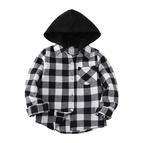 KPOPLK Toddler Baby Boy Girl Fall Winter Clothes Flannel Hooded Plaid Shirt Jacket Button Down Shacket(18-24 Months,Black)