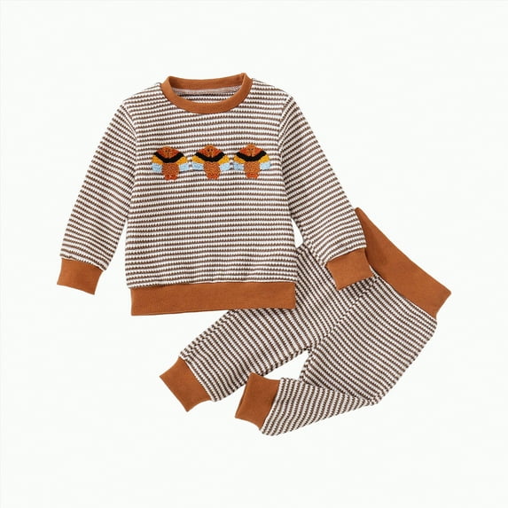 KPOPLK Toddler Baby Boy Girl Thanksgiving Outfit Turkey Embroidery Knit Long Sleeve Sweatshirt and Pants Set(Style1,18-24 Months)