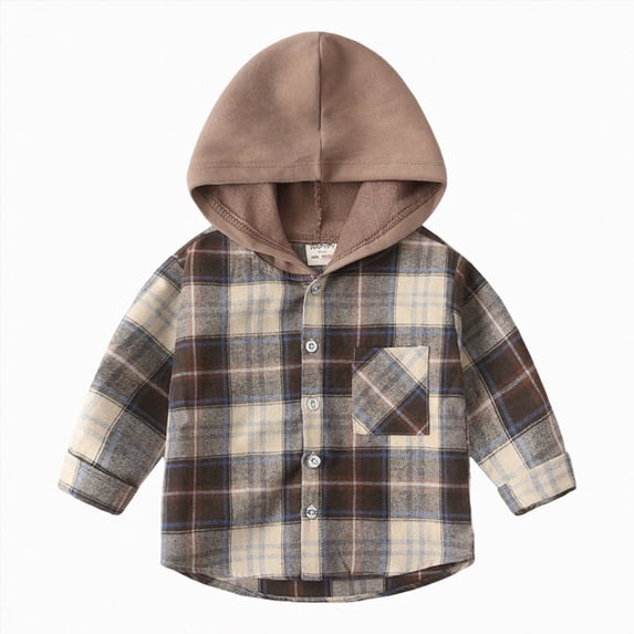 KPOPLK Toddler Baby Boy Hoodies Clothes Plaid Long Sleeve Button Down Jacket Top Shirt Kids Fall Winter Outfits 12 Months-7T Coffee Size 6-7