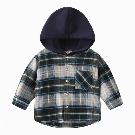 KPOPLK Toddler Baby Boy Hoodies Clothes Plaid Long Sleeve Button Down Jacket Top Shirt Kids Fall Winter Outfits 12 Months-7T Navy Size 6-7