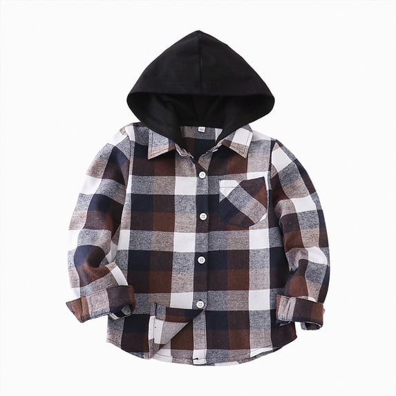 KPOPLK Toddler Baby Boy Long Sleeve Hooded Top Fall Winter Kids Flannel Plaid Shirts Button Down Jacket Outfit Clothes 6 9 12 Months 2t 3t 4t 5t 6t 7t Coffee Size 18-24 Months