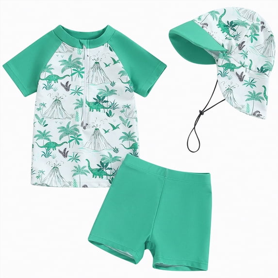 KPOPLK Toddler Baby Boy Rash Guard Swimsuit Shark Zip Up Long Sleeve Swimwear Tops Swim Shorts with Hat 3pcs Bathing Suit(Green,12-18 Months)
